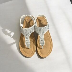 American Exchange White Rhinestone T-Strap Sandals with Tan Footbed